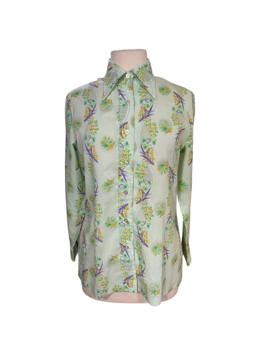 Vtg 70's Ladies Pykettes Mod Floral Green Pointed Collar Blouse Brady Bunch 14